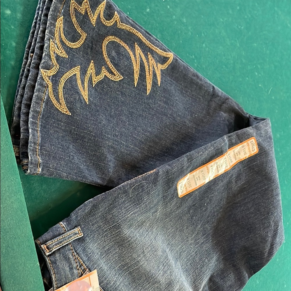 Stylish Dark Blue Flare Jeans with Gold Stitching